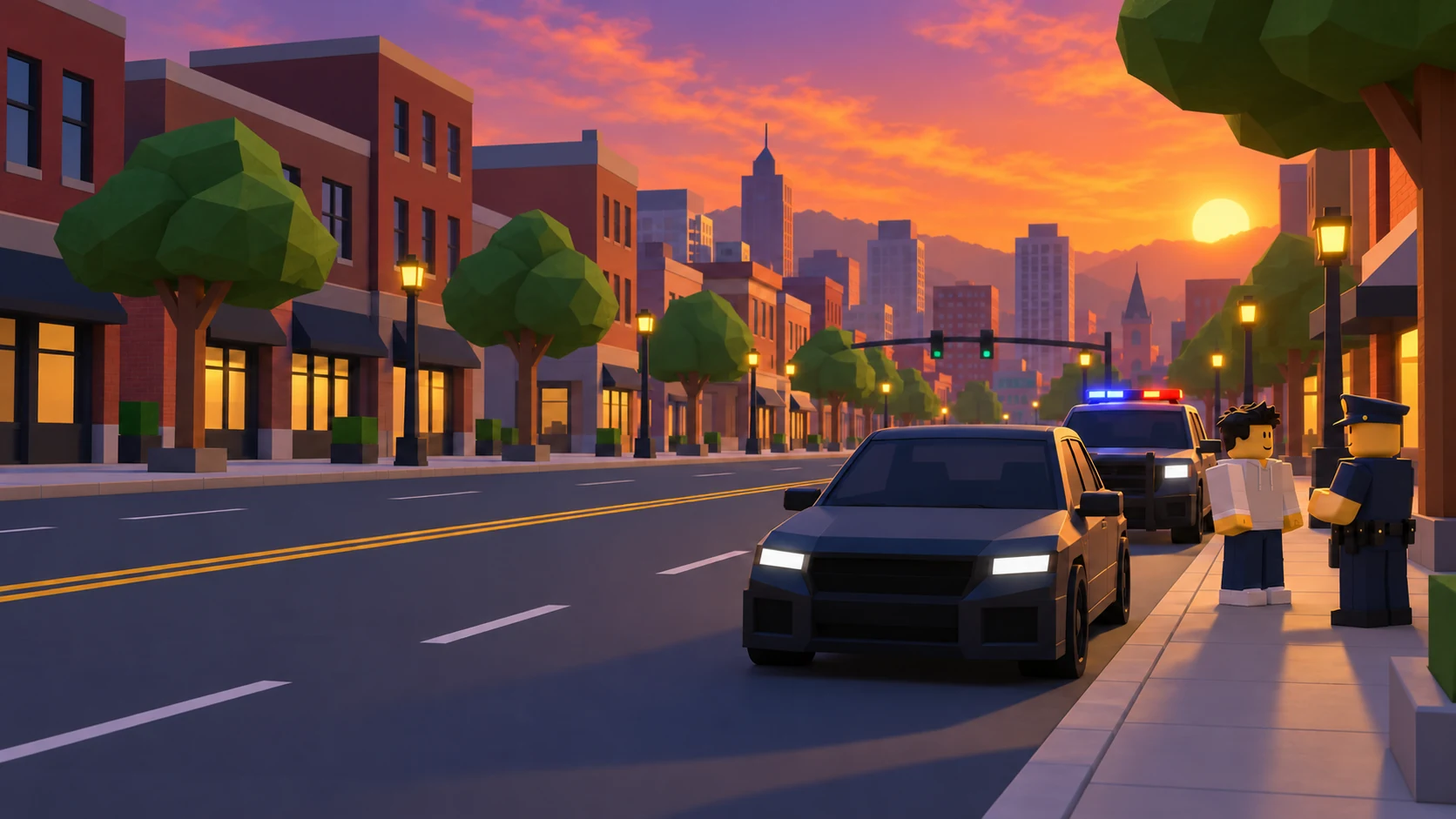 Pogside concept artwork of a Roblox city, civilian cars and police vehicles at sunset.